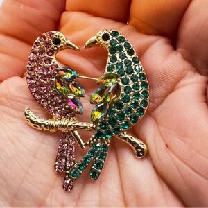 Lovebirds Brooch Green Pink Rhinestone Brooch 1.75”